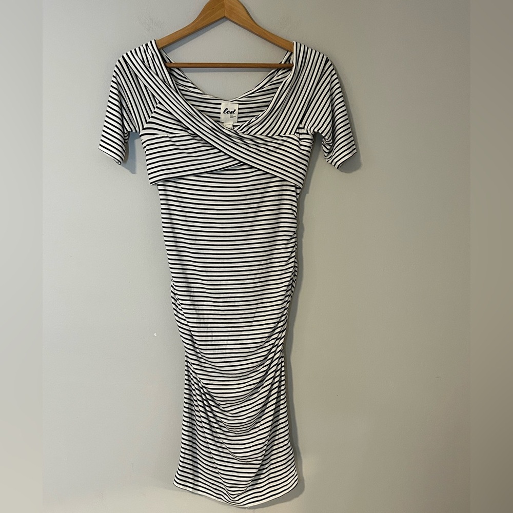 LED Luxe Essentials Denim Black White Striped Ruched Bodycon Dress Size S